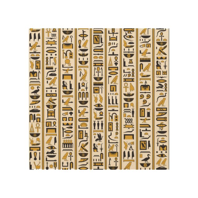 Egyptian Hieroglyphs: Yellow-Black Seamless. Wood Wall Art (Front)