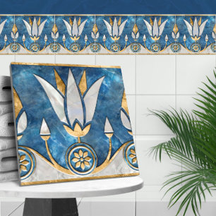 Egyptian Lotus Border - Blue Marble, Pearl Gold Ceramic Tile