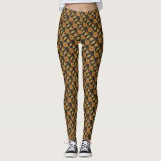 Egyptian Lotus Flower Pattern Green on Black Leggings