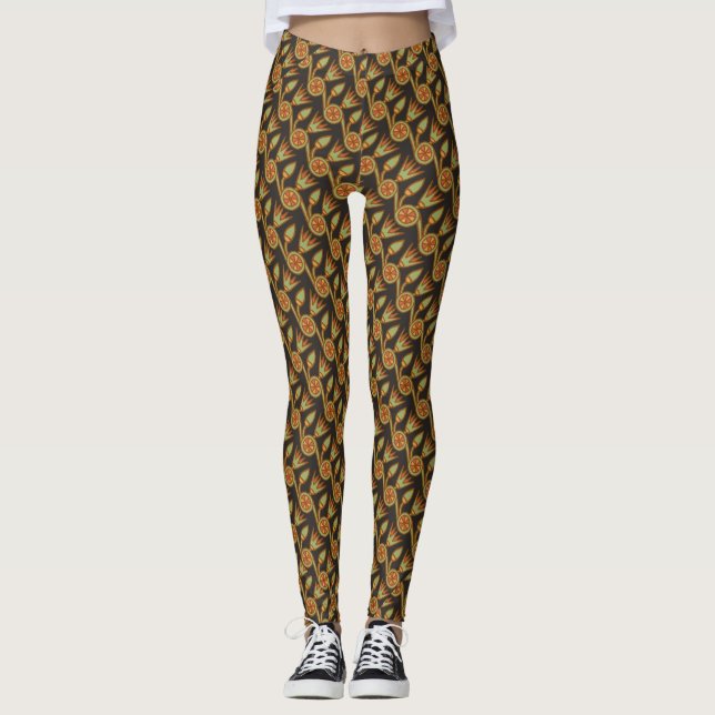 Egyptian Lotus Flower Pattern Green on Black Leggings (Front)