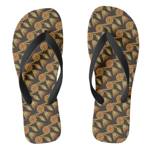 Egyptian Lotus Flower Pattern on Black Flip Flops