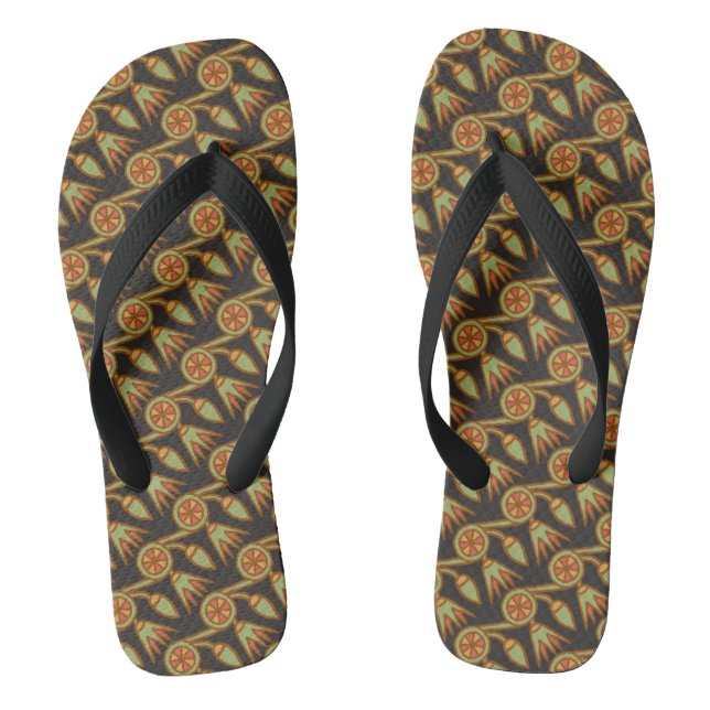Egyptian Lotus Flower Pattern on Black Flip Flops (Footbed)