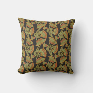 Egyptian Lotus, Papyrus Ethnic Pattern on Black Throw Pillow