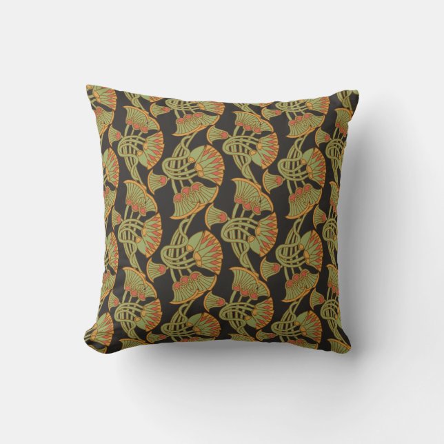 Egyptian Lotus, Papyrus Ethnic Pattern on Black Throw Pillow (Front)