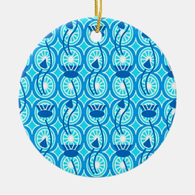 Egyptian Lotus pattern, cobalt and turquoise Ceramic Ornament (Front)