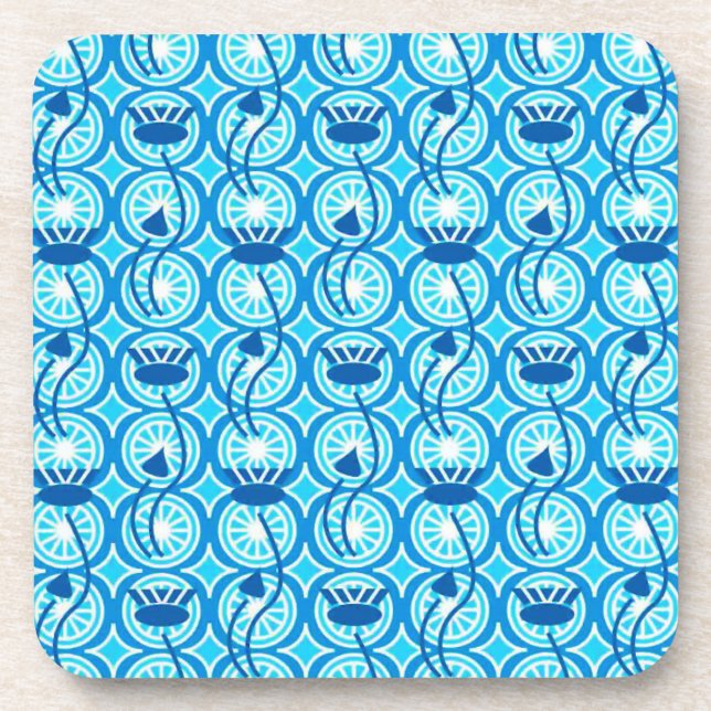 Egyptian Lotus pattern, cobalt and turquoise Drink Coaster (Front)
