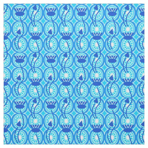 Egyptian Lotus pattern, cobalt and turquoise Fabric