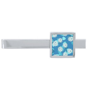 Egyptian Lotus pattern, cobalt and turquoise Silver Finish Tie Bar