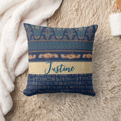 Egyptian Lotus Scarab Hieroglyphs Personalized  Throw Pillow