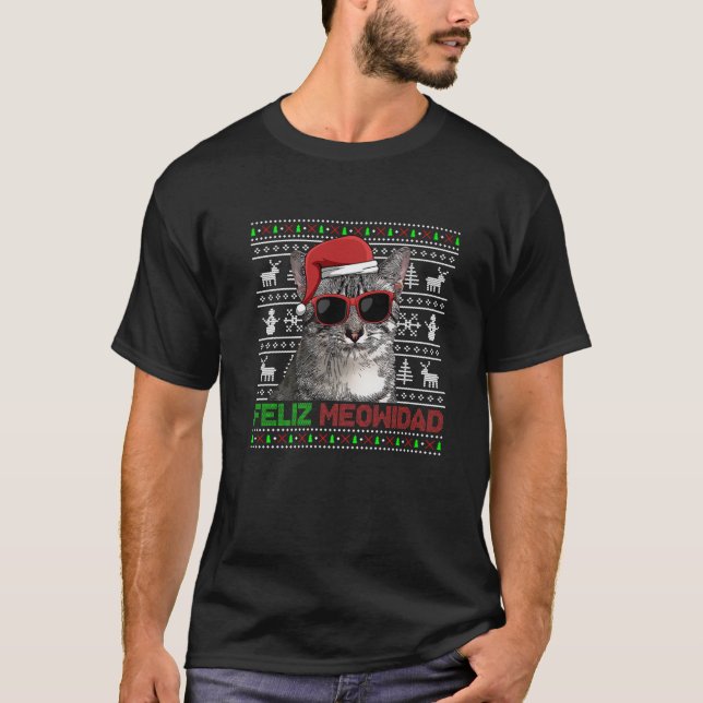 Egyptian Mau Cat Feliz Meowidad Funny Christmas T-Shirt (Front)
