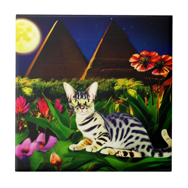Egyptian Mau Cat in a Midnight Garden   Ceramic Tile (Front)
