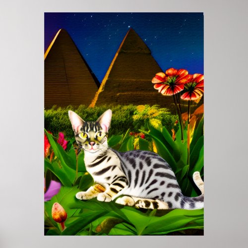 Egyptian Mau Cat in a Midnight Garden   Poster