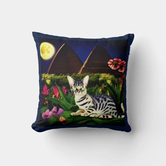 Egyptian Mau Cat in a Midnight Garden   Throw Pillow (Front)