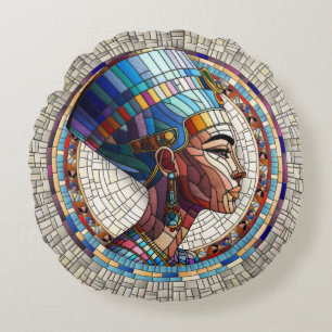 Egyptian Nefertiti -Mosaic Art Round Pillow