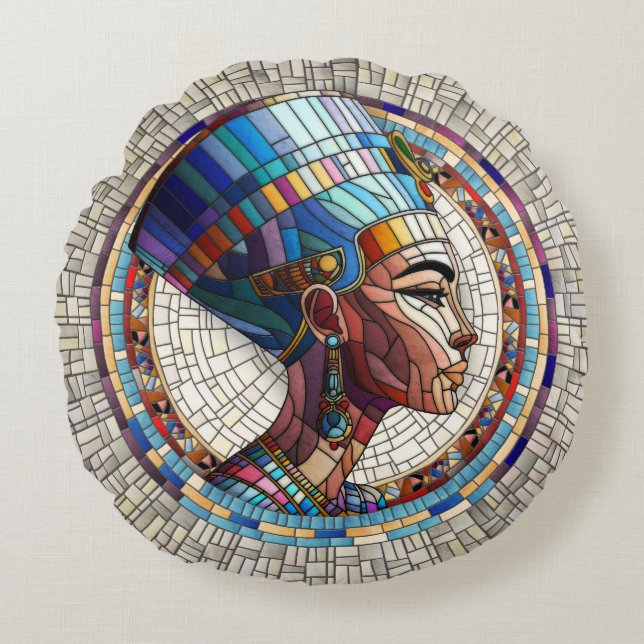 Egyptian Nefertiti -Mosaic Art Round Pillow (Front)