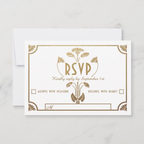Egyptian Nouveau Wedding RSVP Cards Gold  White