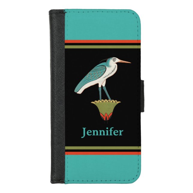 Egyptian Painted Bird in Olive Orange Turquoise iPhone Wallet Case (Front)