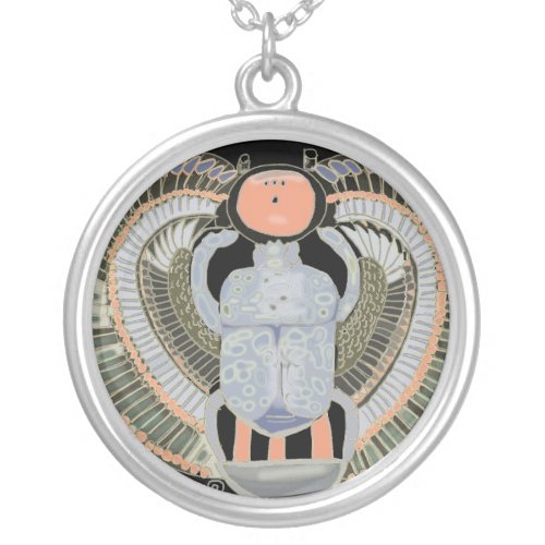 Egyptian Pastel Coloured Scarab Beetle  Silver Plated Necklace