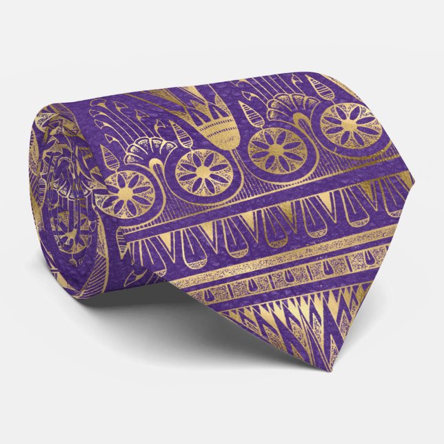 Egyptian Pattern Gold & Purple Leather Look Neck Tie (Rolled)