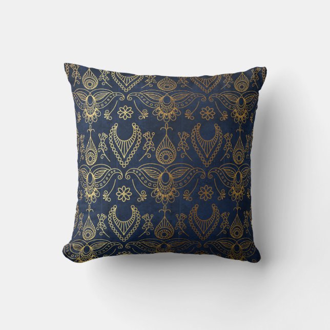Egyptian Peacock Gold & Midnight Blue Throw Pillow (Front)