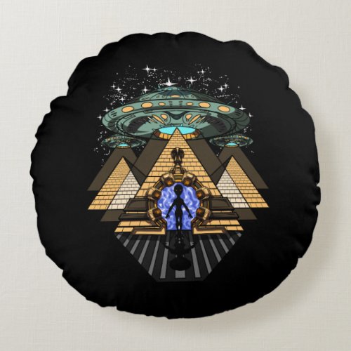 Egyptian Pyramids Alien Space Annunaki Conspiracy Round Pillow