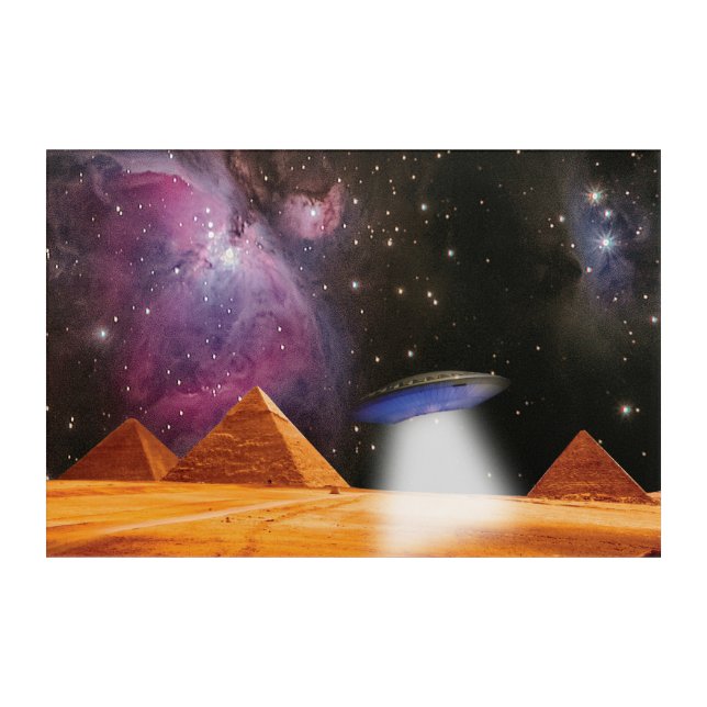 Egyptian Pyramids Giza Meets Space and UFO Acrylic Print (Front)