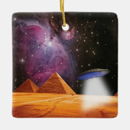 Egyptian Pyramids Giza Meets Space and UFO Ceramic Ornament
