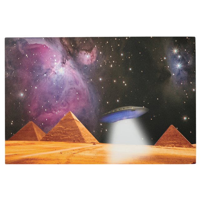 Egyptian Pyramids Giza Meets Space and UFO Metal Print (Front)