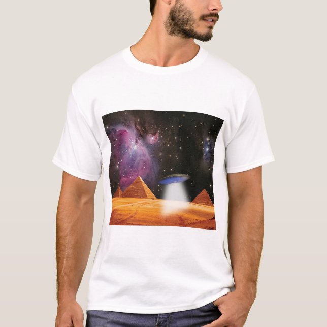 Egyptian Pyramids Giza Meets Space and UFO T-Shirt (Front)