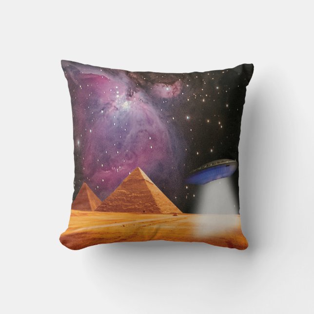 Egyptian Pyramids Giza Meets Space and UFO Throw Pillow (Front)