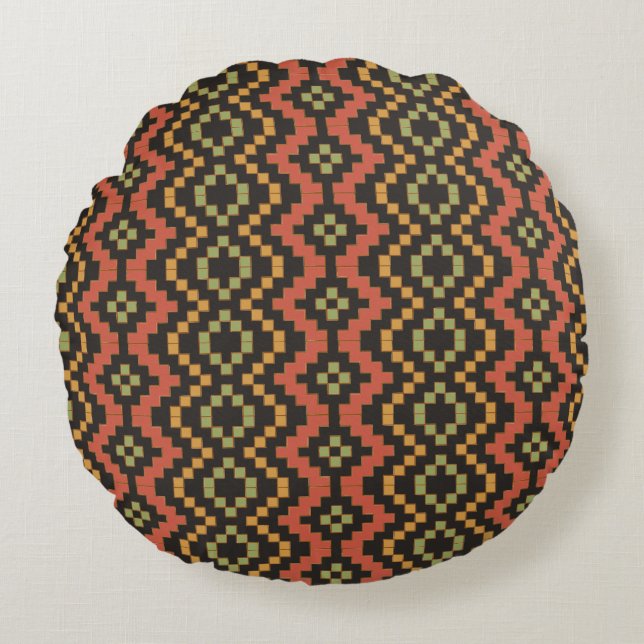 Egyptian Red Black Green Tribal Basket Weave Round Pillow (Front)