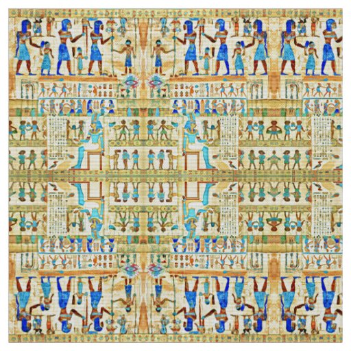 Egyptian Rithual Pattern Blue, Turquoise, Yellow Fabric
