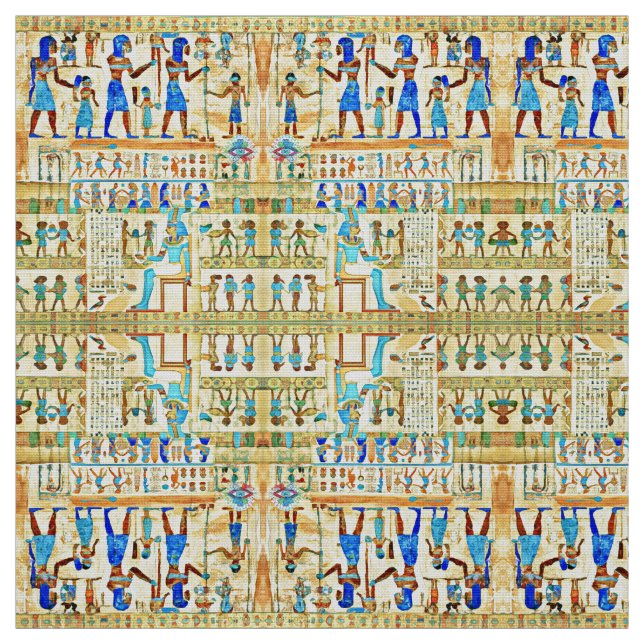 Egyptian Rithual Pattern Blue, Turquoise, Yellow Fabric (Swatch)