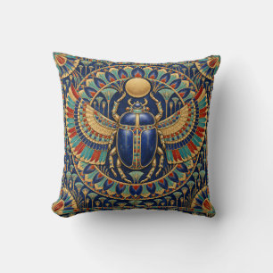 Egyptian Royal Winged Scarab Blue Gold Throw Pillow