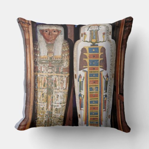 Egyptian sarcophagus covered with hieroglyphics p throw pillow