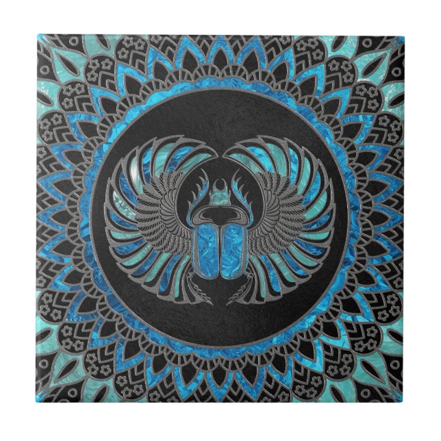 Egyptian Scarab Beetle - Gold and Blue glass Ceramic Tile (Front)