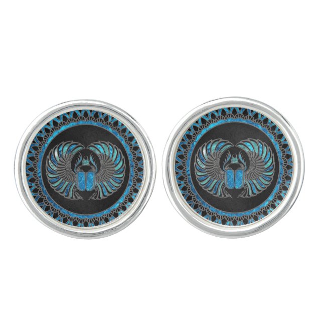 Egyptian Scarab Beetle - Gold and Blue glass Cufflinks (Front)
