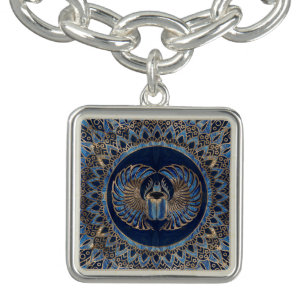 Egyptian Scarab Beetle Gold and Blue marble Bracelet
