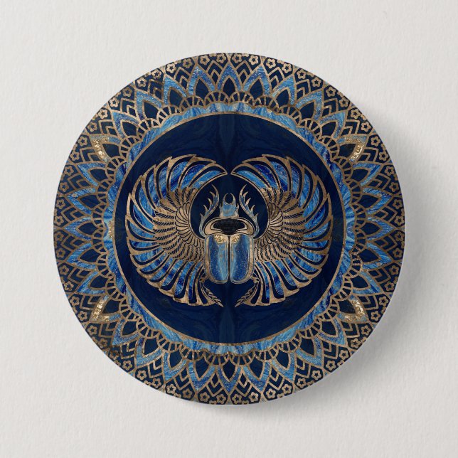 Egyptian Scarab Beetle Gold and Blue marble Button (Front)