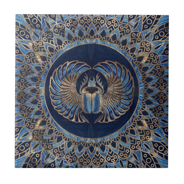 Egyptian Scarab Beetle Gold and Blue marble Ceramic Tile (Front)