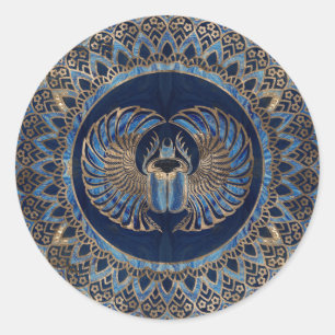 Egyptian Scarab Beetle Gold and Blue marble Classic Round Sticker