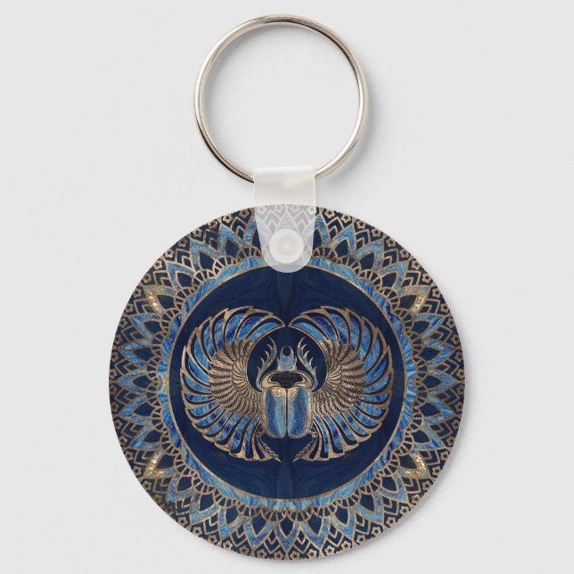 Egyptian Scarab Beetle Gold and Blue marble Keychain (Front)