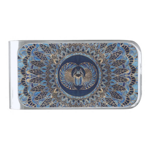 Egyptian Scarab Beetle Gold and Blue marble Silver Finish Money Clip