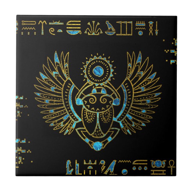 Egyptian Scarab Beetle Gold and blue stained glass Ceramic Tile (Front)