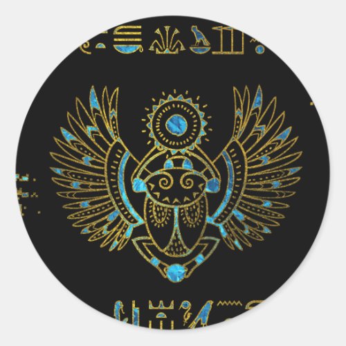 Egyptian Scarab Beetle Gold and blue stained glass Classic Round Sticker