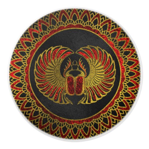 Egyptian Scarab Beetle _ Gold and red  metallic Ceramic Knob