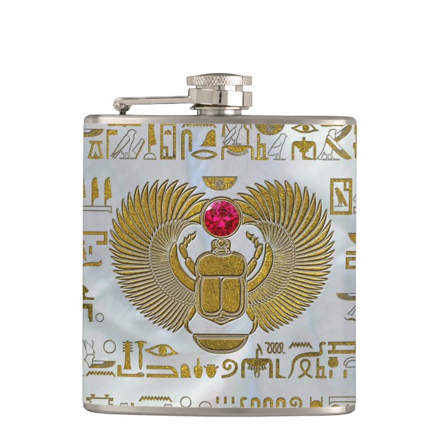 Egyptian Scarab Beetle Gold and Ruby Stone Flask (Front)