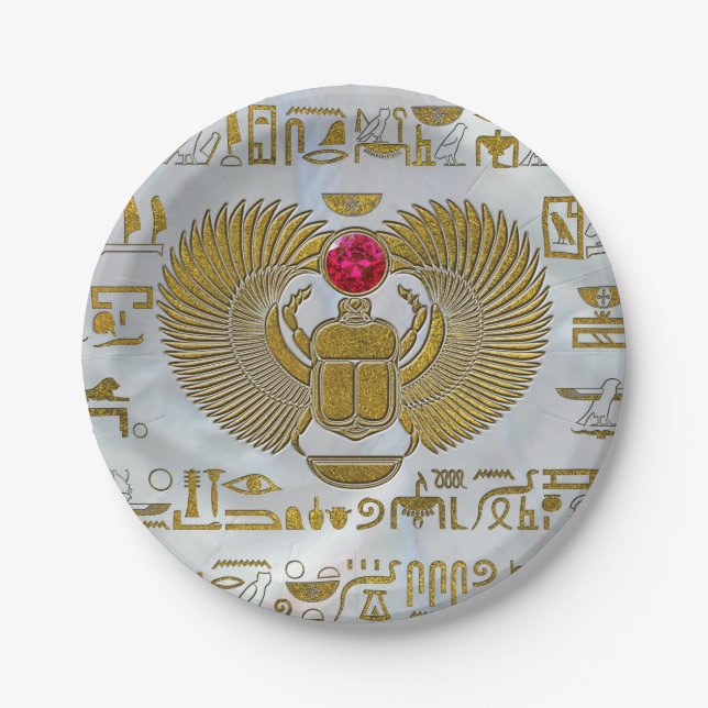 Egyptian Scarab Beetle Gold and Ruby Stone Paper Plates (Front)