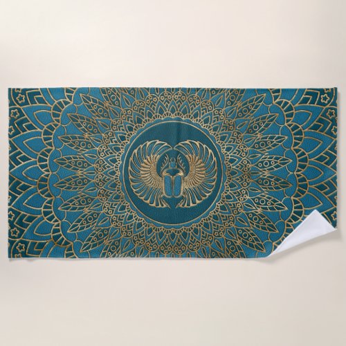 Egyptian Scarab Beetle Gold on Teal Leather Beach Towel