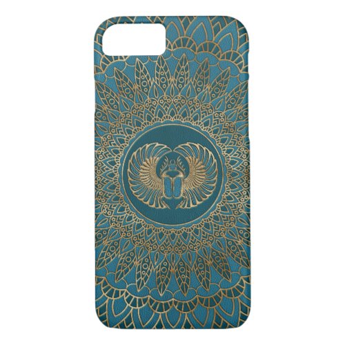 Egyptian Scarab Beetle Gold on Teal Leather iPhone 87 Case